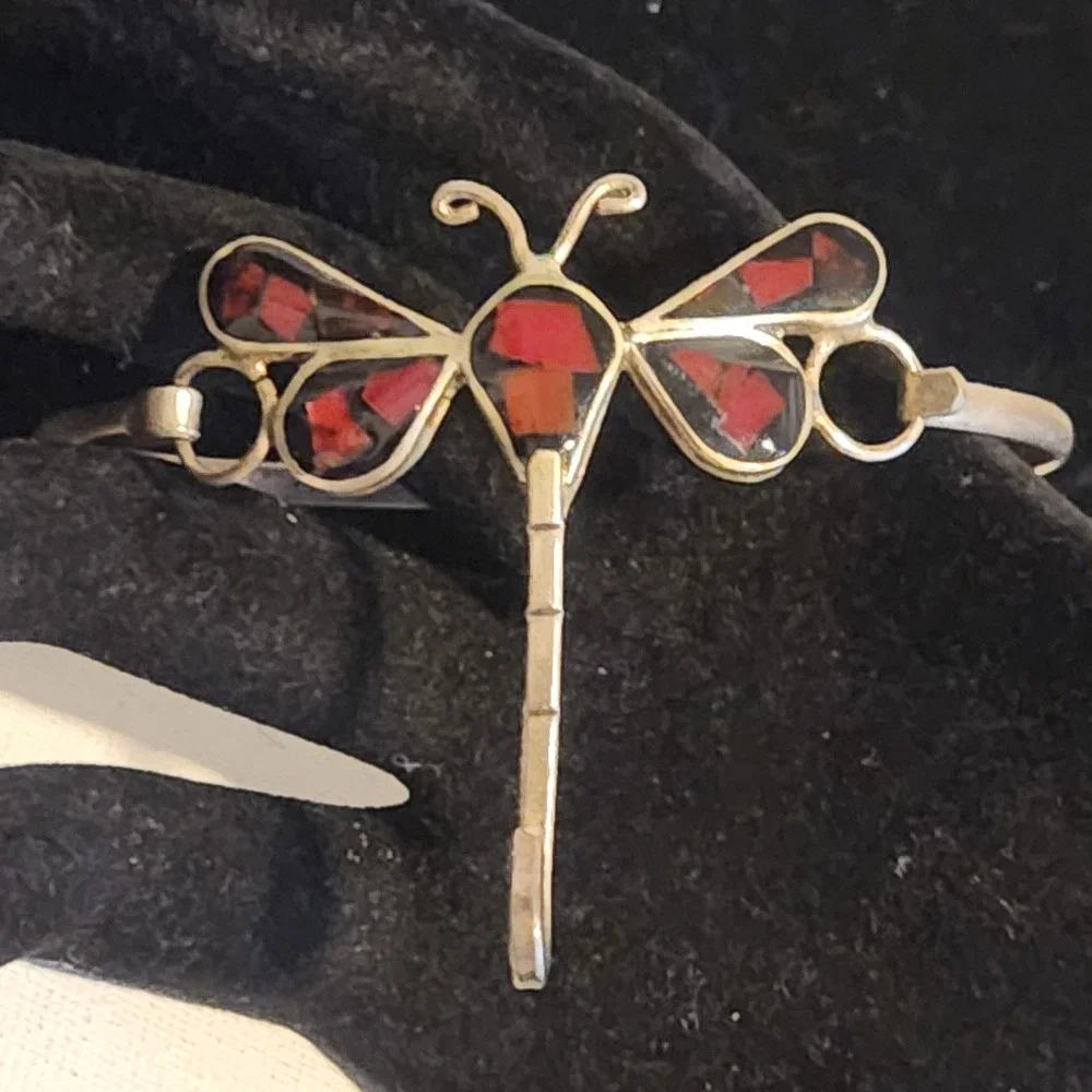 Vintage Dragonfly Inlay Cuff Bracelet Red Black‎ Mosaic Silver Tone Artisan Boho